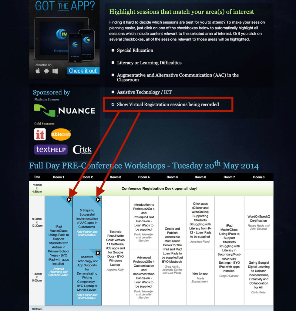 Image of the ILT2014 Conference Program page showing how sessions to be recorded are highlighted in blue