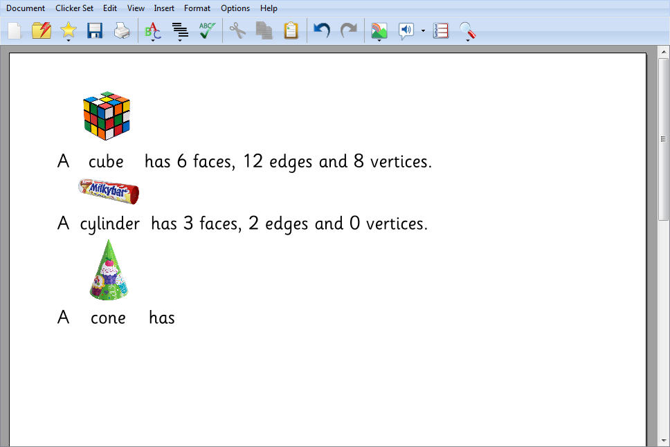 Clicker document showing symbols appearing for selected typed words.