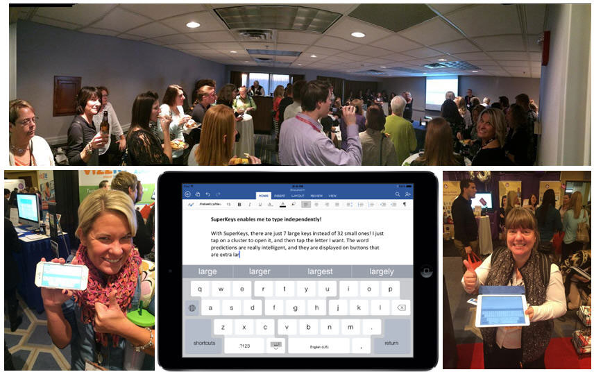 Guest attending the SuperKeys launch party (top) and showing off SuperKeys running on iPhone and iPad