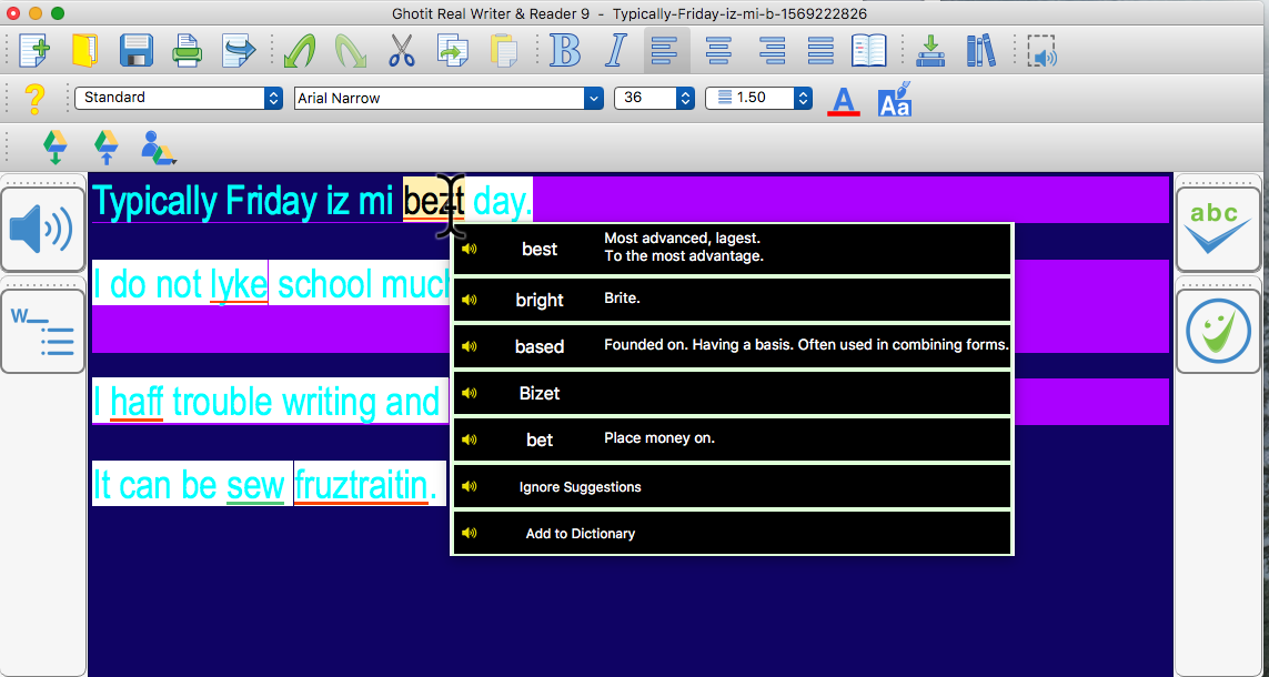 Ghotit window showing colour bars and word prediction
